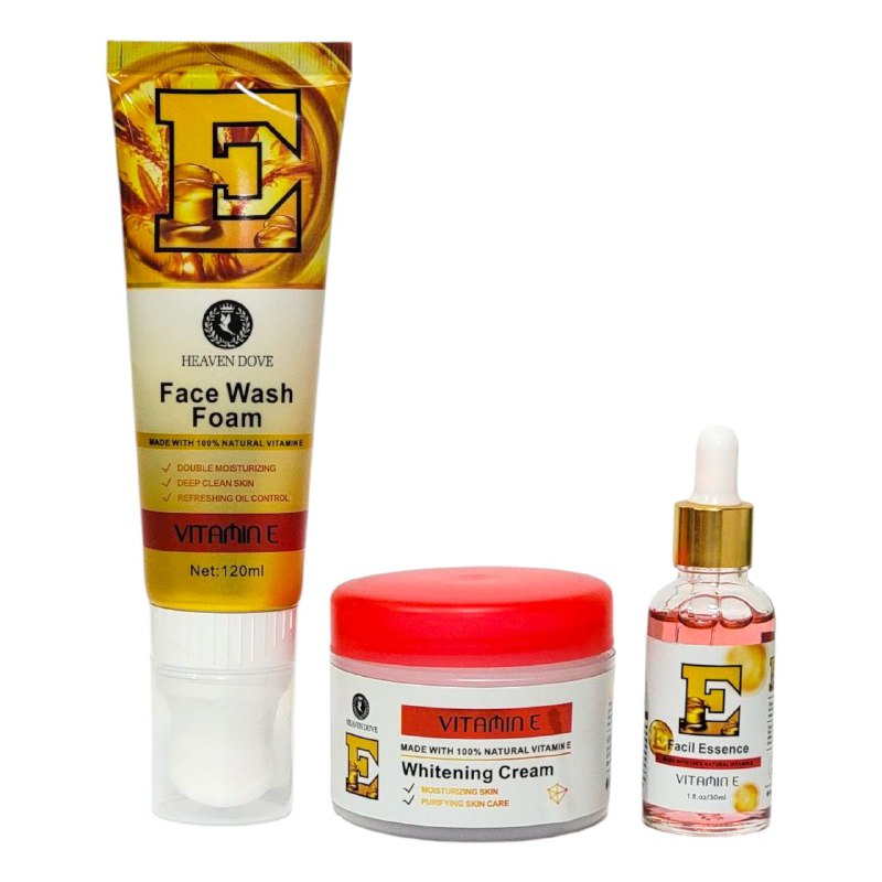 SET DE CUIDADO FACIAL DE 3 PIEZAS DE VITAMINA E, ILUMINA EL TONO DE LA PIEL, DISMINUYE EL ACNE, HIDRATA PROFUNDAMENTE LA PIEL ESPUMA FACIAL 120G, SUERO FACIAL 30ML, CREMA BLANQUEADORA 120G HEAVEN DOVE