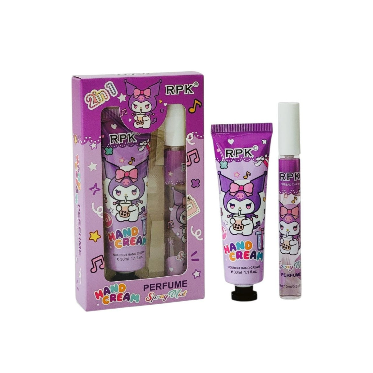 SET DE CREMA PARA MANOS Y PERFUME DEL PERSONAJE KUROMI AROMA DE LARGA DURACION RPK 30ML + 10ML
