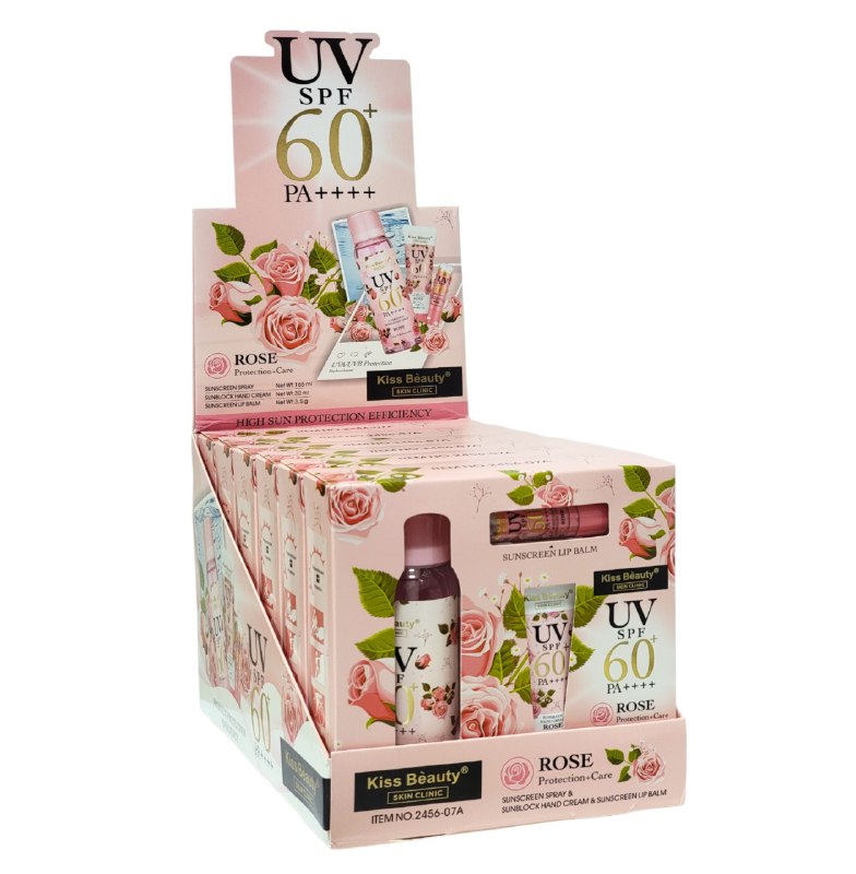 SET DE PROTECCION SOLAR Y CUIDADO HIDRATANTE CON EXTRACTO DE ROSA 3PCS KISS BEAUTY