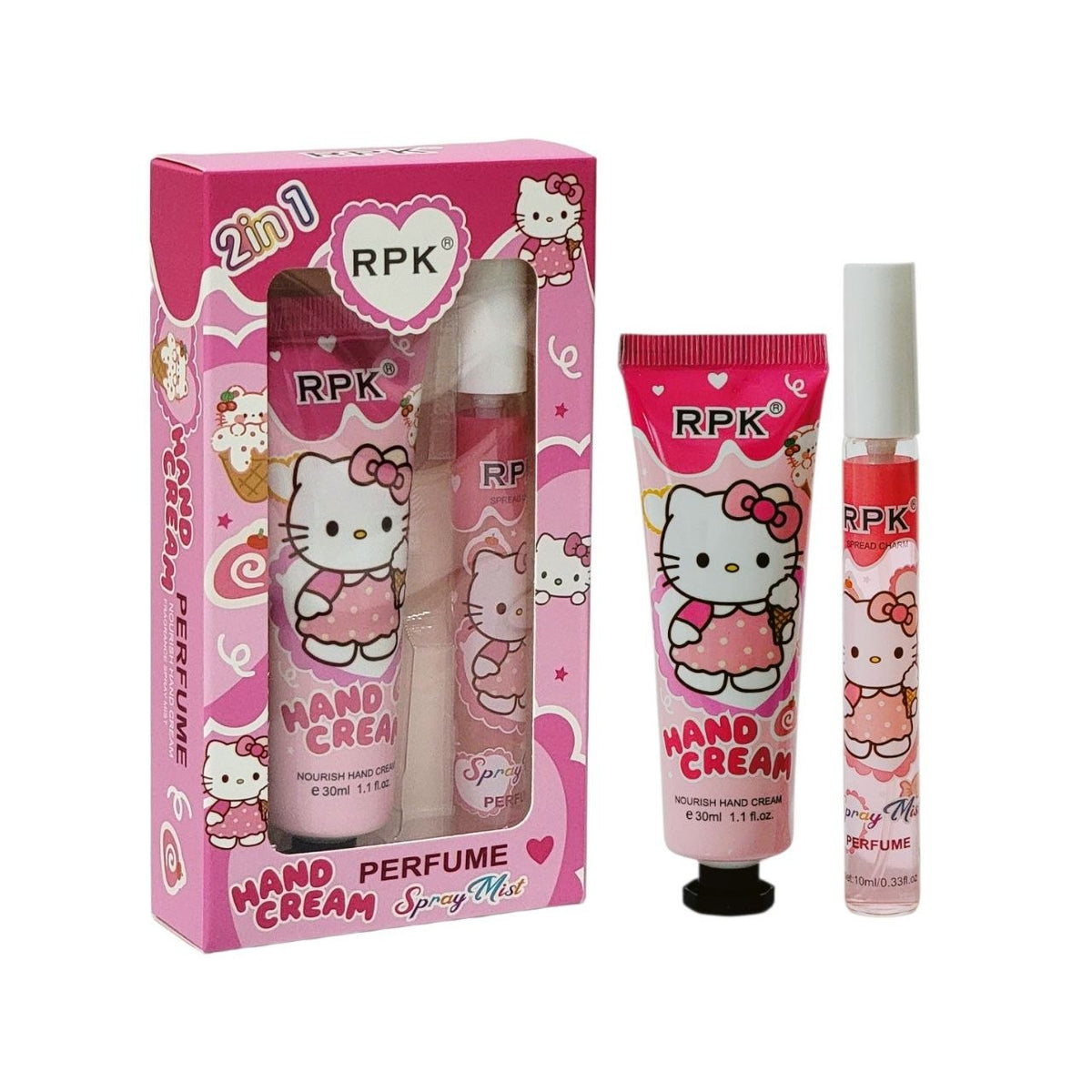 SET DE CREMA PARA MANOS Y PERFUME DEL PERSONAJE HELLO KITTY AROMA DE LARGA DURACION RPK 30ML + 10ML