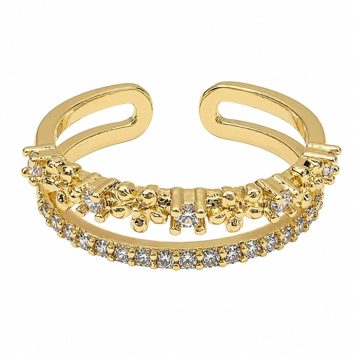 ANILLO DE ENCHAPE PARA DAMA CON DOBLE BANDA Y CIRCONES BRILLANTES