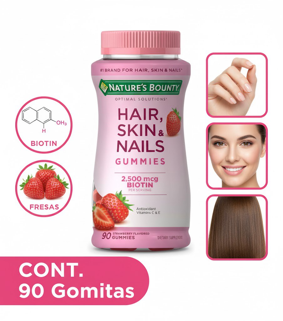 VITAMINAS EN GOMITAS SABOR FRESA PARA EL CABELLO, PIEL Y UÑAS AVANZADO 2500MCG BIOTINA 90UND NATURE'S BOUNTY