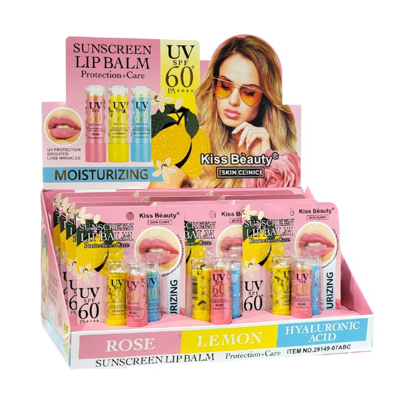 BRILLO LABIAL BALSAMO EN SET DE 3 PIEZAS HUMECTANTE DE LIMON, ACIDO HIALURONICO Y ROSA KISS BEAUTY 3.5GX3