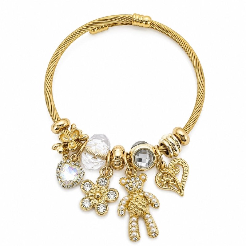 PULSERA DE ENCHAPE PARA DAMA CON DISEÑO DE OSO, FLOR Y CORAZON