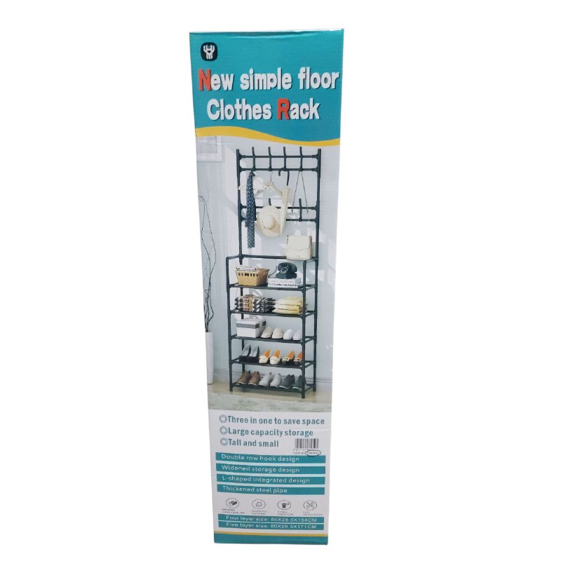 ORGANIZADOR ZAPATERA PLASTICA DE 5 NIVELES, PERCHERO MULTIFUNCIONAL 2 EN 1, CAPACIDAD 15 PARES, 8 GANCHOS COLOR NEGRO NEW SIMPLE FLOOR 80X29.5X171CM