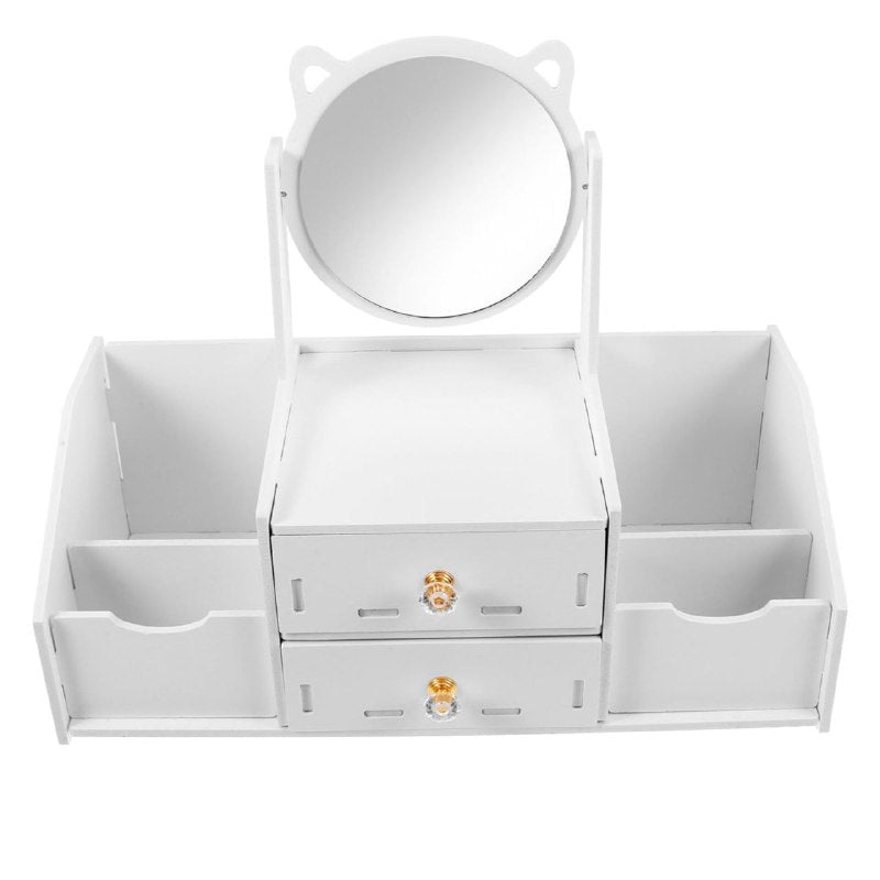 ORGANIZADOR ESTANTE DE COSMETICOS COLOR BLANCO CON ESPEJO DE GATO DE DOBLE CAJON 35X16X28CM