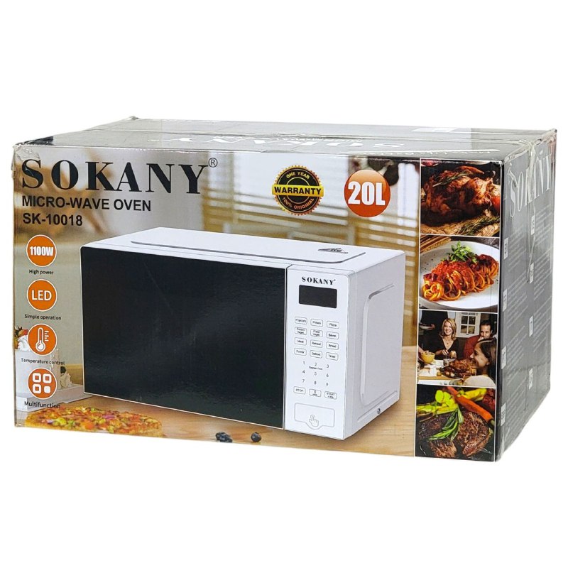MAQUINA MICROONDAS SK-10018 BOTONES PRE PROGRAMADOS, 1100W, 10 NIVELES DE POTENCIA, RELOJ, PANTALLA LED SOKANY