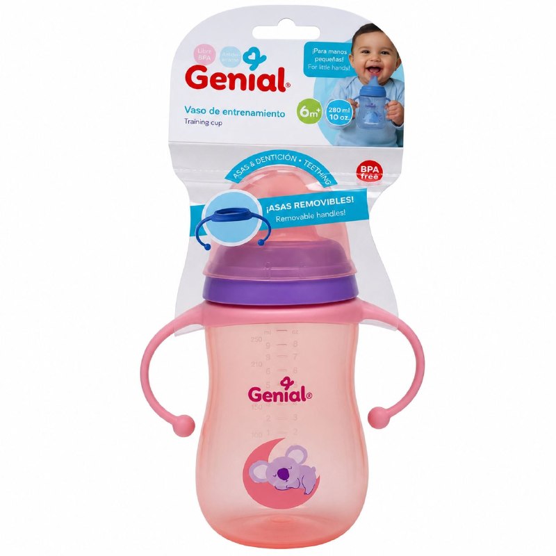 VASO DE ENTRENAMIENTO ANTIDERRAME PARA BEBES ERGONOMICO GENIAL 280ML