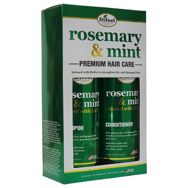 SHAMPOO Y ACONDICIONADOR DE ROMERO Y MENTA CUIDADO DEL CABELLO PREMIUM CON BIOTINA CABELLO CON BRILLO E HIDRATADO DIFFEL ROSEMARY & MINT 1LITROX2