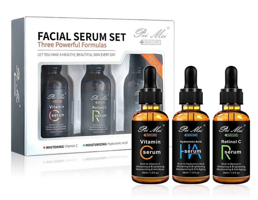 SUERO FACIAL EN SET, TRES PODEROSAS FORMULAS PARA PIEL HERMOSA Y SANA TODOS LOS DIAS, SUERO BLANQUEADOR VITAMINA C 30ML, SUERO HIDRATANTE ACIDO HIALURONICO 30ML, SUERO ANTIENVEJECIMIENTO RETINOL 30ML PEI MEI SKIN CARE