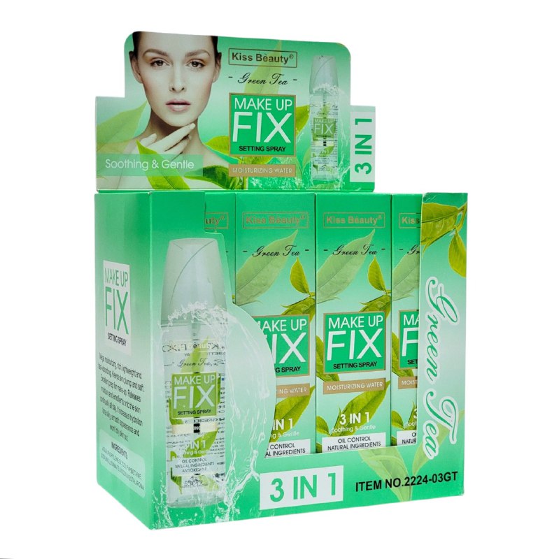 FIJADOR DE MAQUILLAJE EN SPRAY 3 EN 1 DE TE VERDE HIDRATANTE CALMANTE KISS BEAUTY 150ML