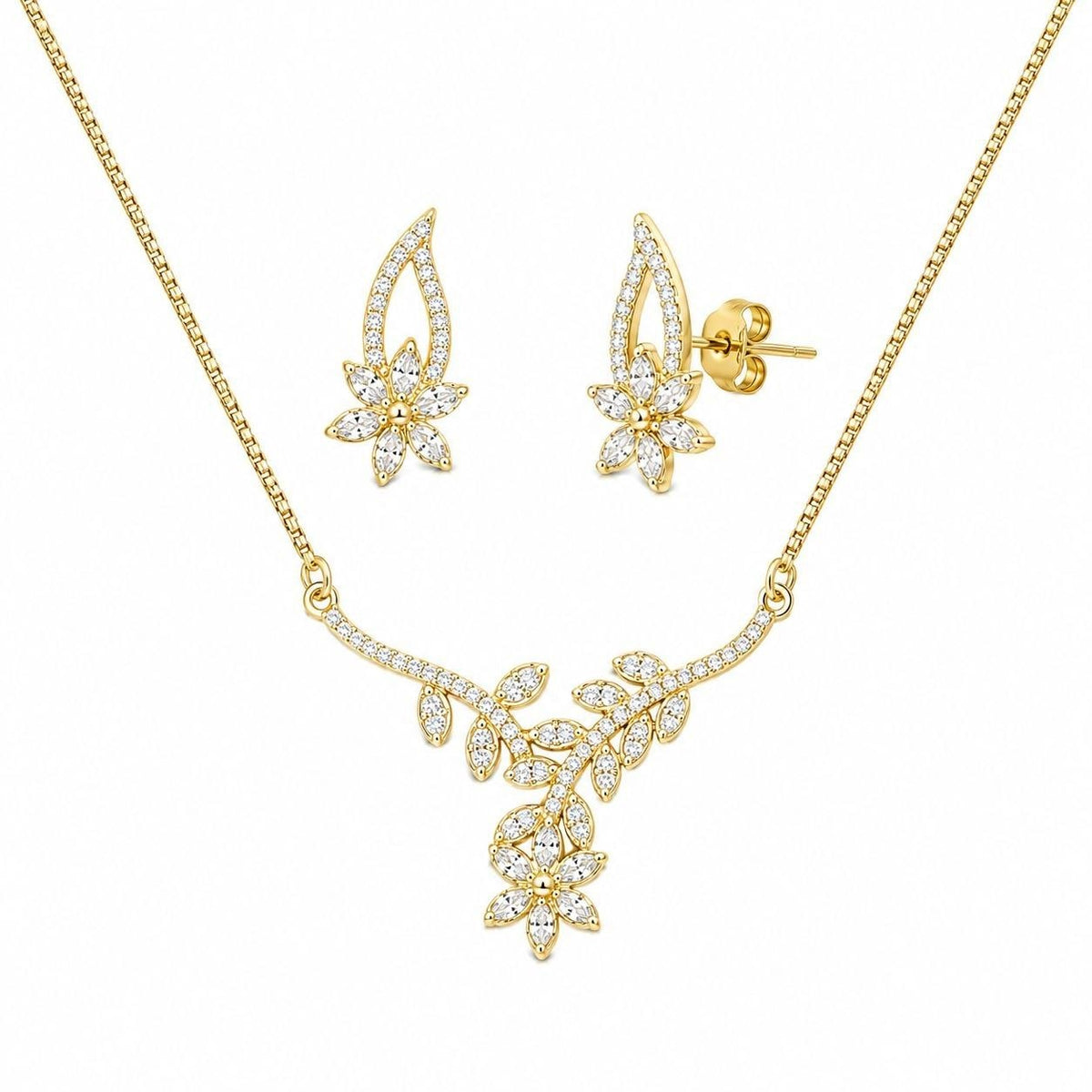 SET DE ENCHAPE PARA DAMA COLLAR Y TOPOS GUIRNALDA BOTÁNICA CON FLOR Y CIRCONES