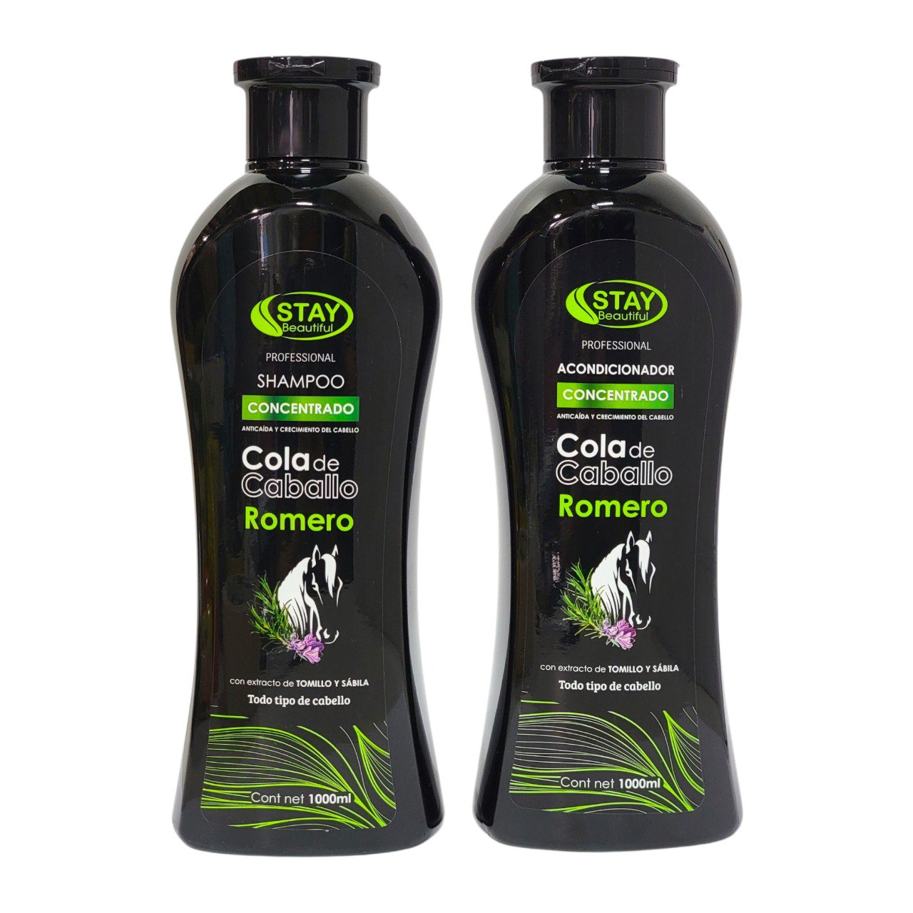 SET DE SHAMPOO Y ACONDICIONADOR ANTICAIDA Y ESTIMULANTE CON EXTRACTO DE COLA DE CABALLO ROMERO TOMILLO Y ALOE VERA STAY BEAUTIFUL 1000MLX2