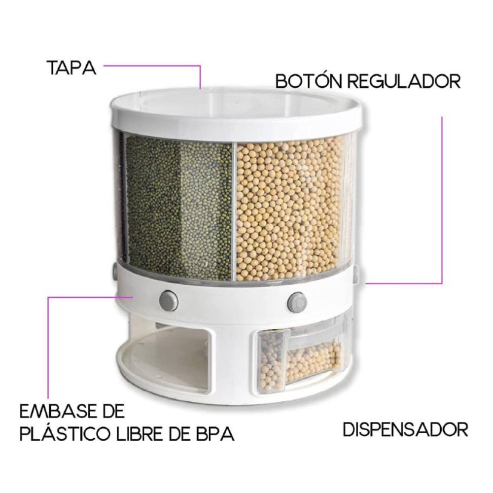 RECIPIENTE DISPENSADOR DE ALIMENTOS CEREALES O GRANOS GIRATORIO DE 6 REJILLAS 32X29CM