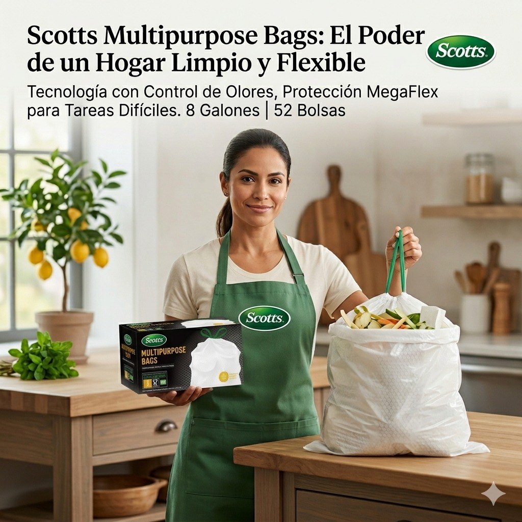 BOLSAS DE BASURA MULIUSO REFORZADAS CON CONTROL DE OLORES Y CORDON AJUSTABLE 8 GALONES 52PCS SCOTTS 56X58X18CM