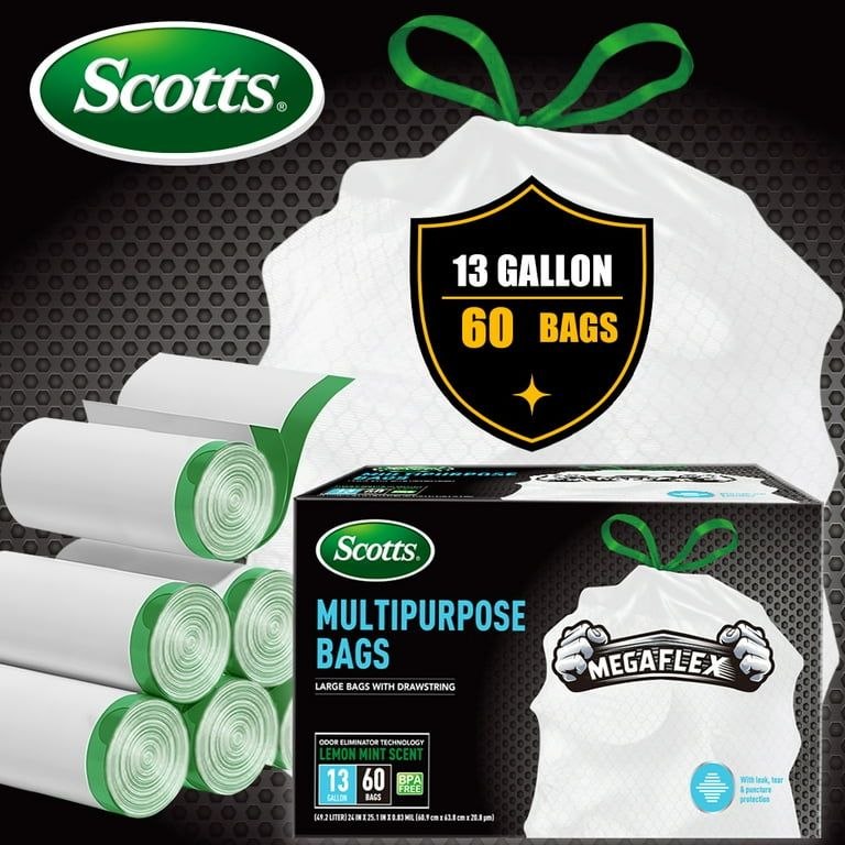 BOLSAS DE BASURA MULIUSO REFORZADAS CON CONTROL DE OLORES Y CORDON AJUSTABLE 13 GALONES 60PCS SCOTTS 60X63CM