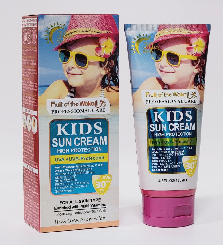PROTECTOR SOLAR EN CREMA PARA NIÑOS ALTA PROTECCION SPF30, PROTECCION CONTRA RAYOS UVA, VITAMINAS ANTIOXIDANTES A,C Y E, RESISTENTE AL AGUA Y SUDOR FRUIT OF THE WOKALI 130ML