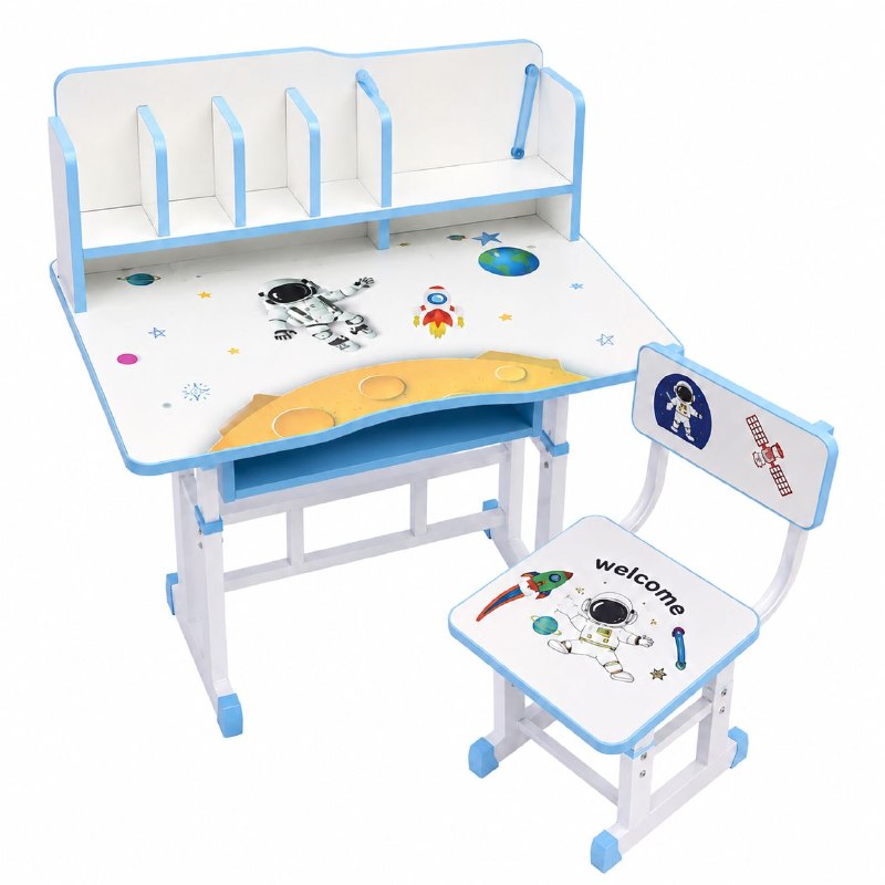 SET DE MESA Y SILLA INFANTIL PARA NIÑO CON DISEÑO DE ASTRONAUTA MESA 86X70CM SILL 62X32CM