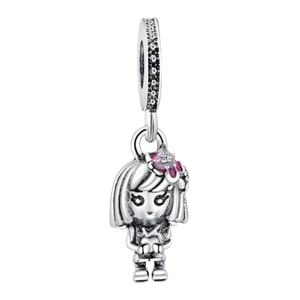 PCHARM1528 NIÑA CON FLOR ROJA EN EL CABELLO Y CORAZON EN LA MANO