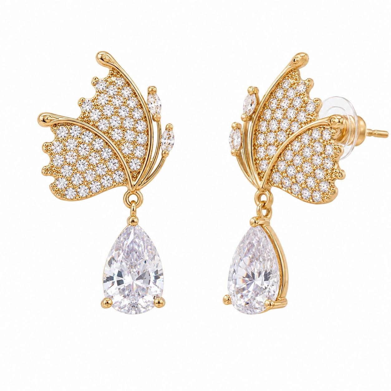 ARITOS DE ENCHAPE PARA DAMA CON DISENO DE MARIPOSA Y GEMA EN GOTA COLGANTE