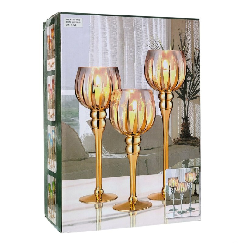DECORACION CANDELERO EN SET DE 3 PIEZAS DE COPA CON TALLO DE CRISTAL ELEGANTE Y RESISTENTE 39CM, 35CM, 29CM