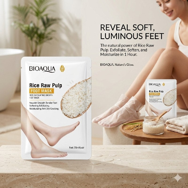 MASCARILLA PARA PIES EXFOLIANTE TIPO CALCETIN DE EXTRACTO DE PULPA DE ARROZ CRUDO SUAVIZANTE BIOAQUA 1 PAR 35ML