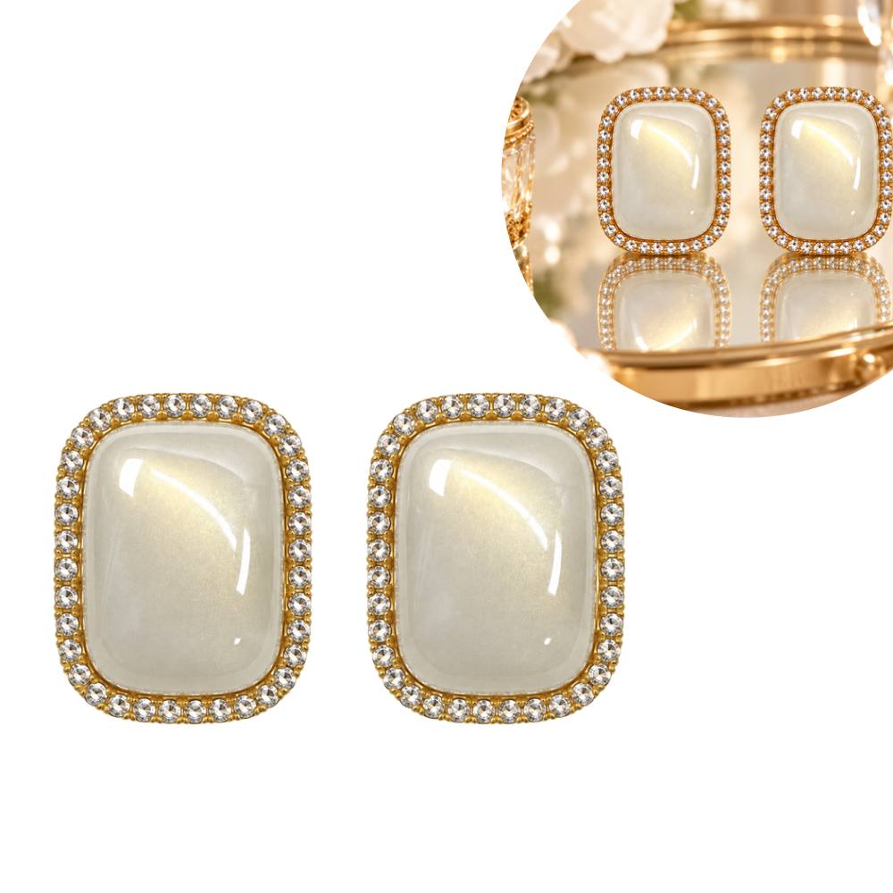 ARITOS DE ENCHAPE PARA DAMA CON DISEÑO RECTANGULAR DE PIEDRA BLANCA Y BORDE DE CIRCONIAS 3CM