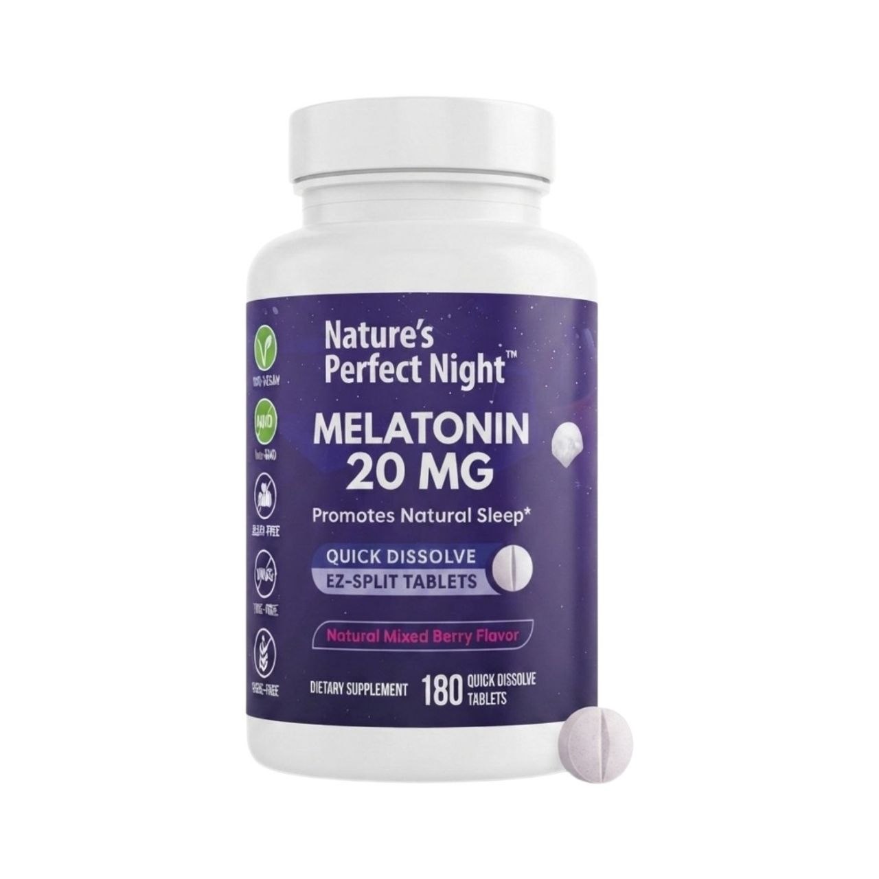 SUPLEMENTO TABLETAS DE MELATONINA ULTRA CONCENTRADAS DE DISOLUCIÓN RÁPIDA Y DOSIS AJUSTABLE SABOR NATURAL A BAYAS MIXTAS NATURE'S PERFECT NIGHT MELATONIN 20 MG 180 TABLETAS