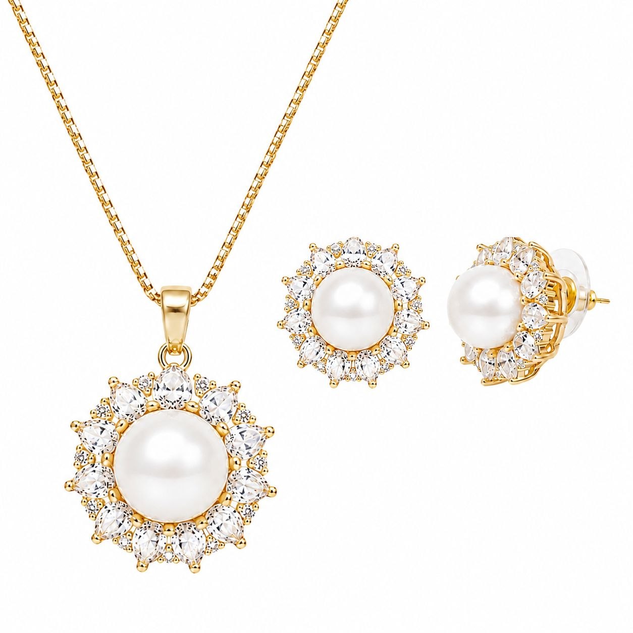 SET DE ENCHAPE PARA DAMA CON DISEÑO CIRCULAR ESTILO ROSETÓN DE PERLA Y CIRCONES CRISTALINOS