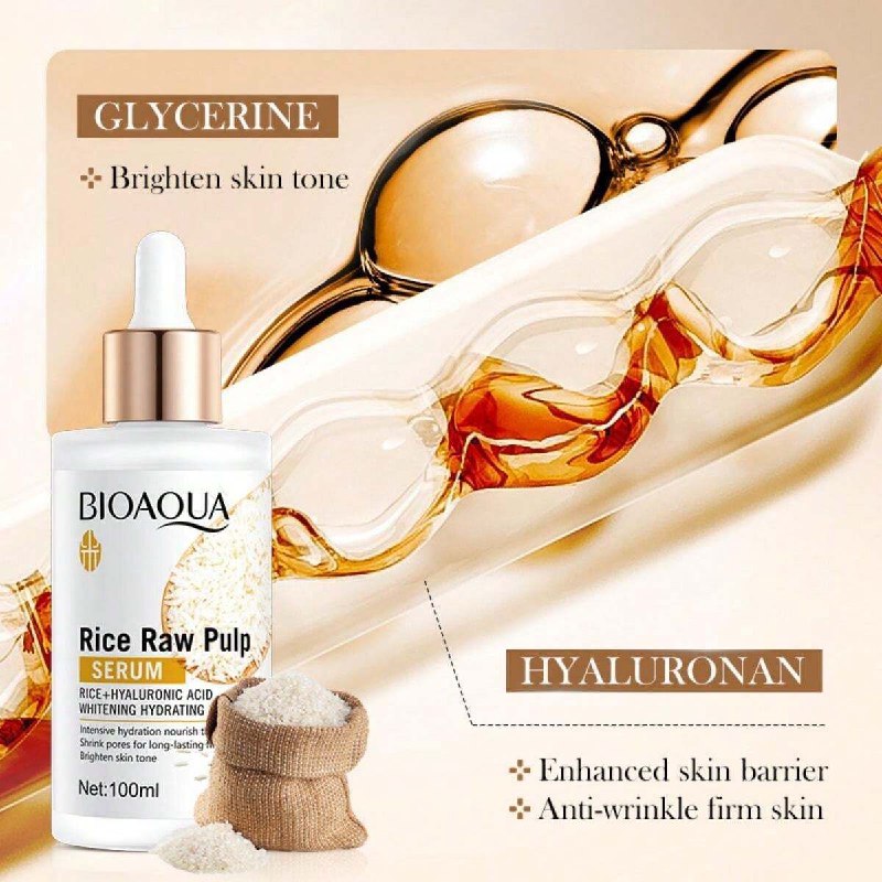 SUERO FACIAL DE PULPA CRUDA DE ARROZ, QUE PENETRA PROFUNDAMENTE PARA BLANQUEAR E HIDRATAR LA PIEL, ILUMINA EL TONO, AUMENTA LA ELASTICIDAD Y FORTALECE LA BARRERA CUTANEA BIOAQUA 100ML