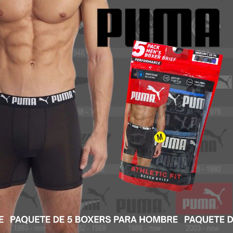 ROPA INTERIOR PARA CABALLERO PUMA ATHLETIC FIT BOXER BRIEF 5 UNIDADES TALLA MEDIUM 32-34 (M)
