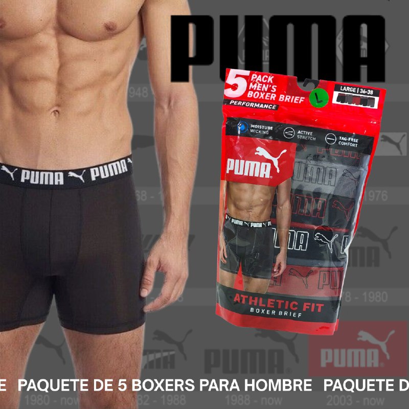 ROPA INTERIOR PARA CABALLERO PUMA ATHLETIC FIT BOXER BRIEF 5 UNIDADES TALLA LARGE 36-38 (L)