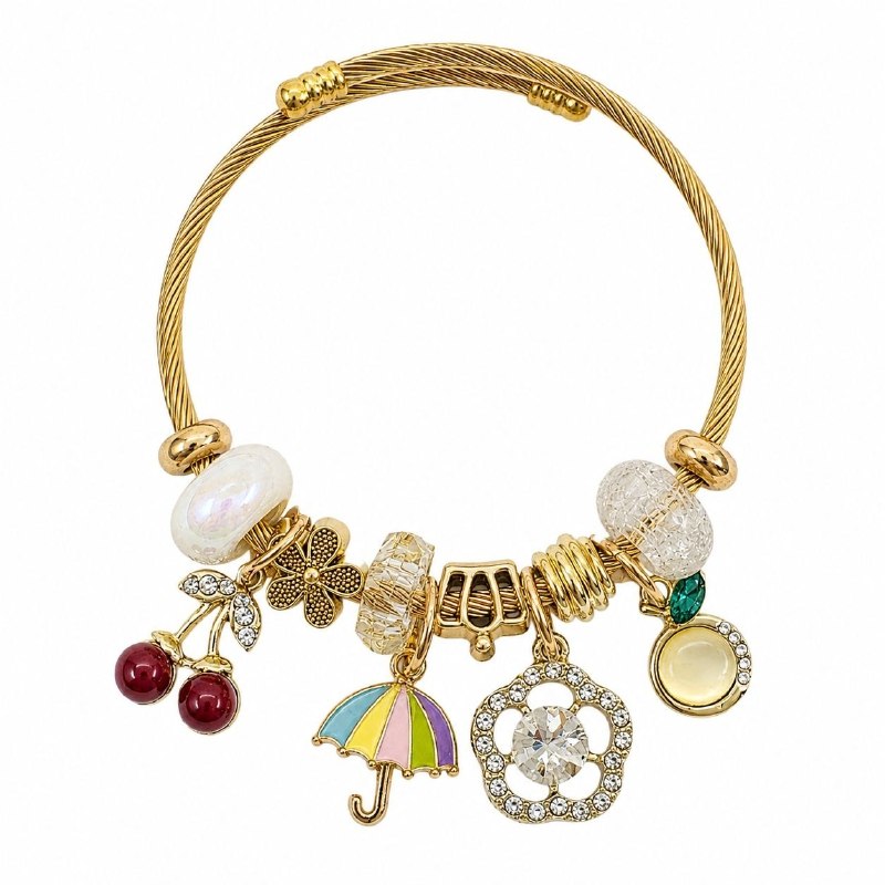 PULSERA DE ENCHAPE PARA DAMA CON DISEÑO DE CEREZA, SOMBRILLA Y FLOR 6CM