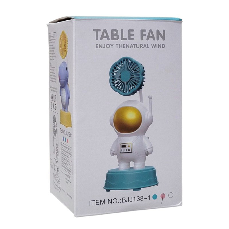 VENTILADOR DE MESA RECARGABLE DE ASTRONAUTA CON SACAPUNTAS TABLE FAN 3 COLORES