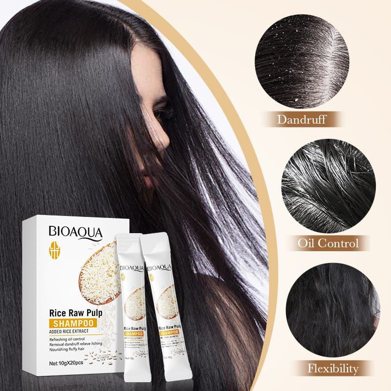 SHAMPOO DE PULPA CRUDA DE ARROZ EN BOLSITA ESPUMA RICA Y CREMOSA BIOAQUA 10G