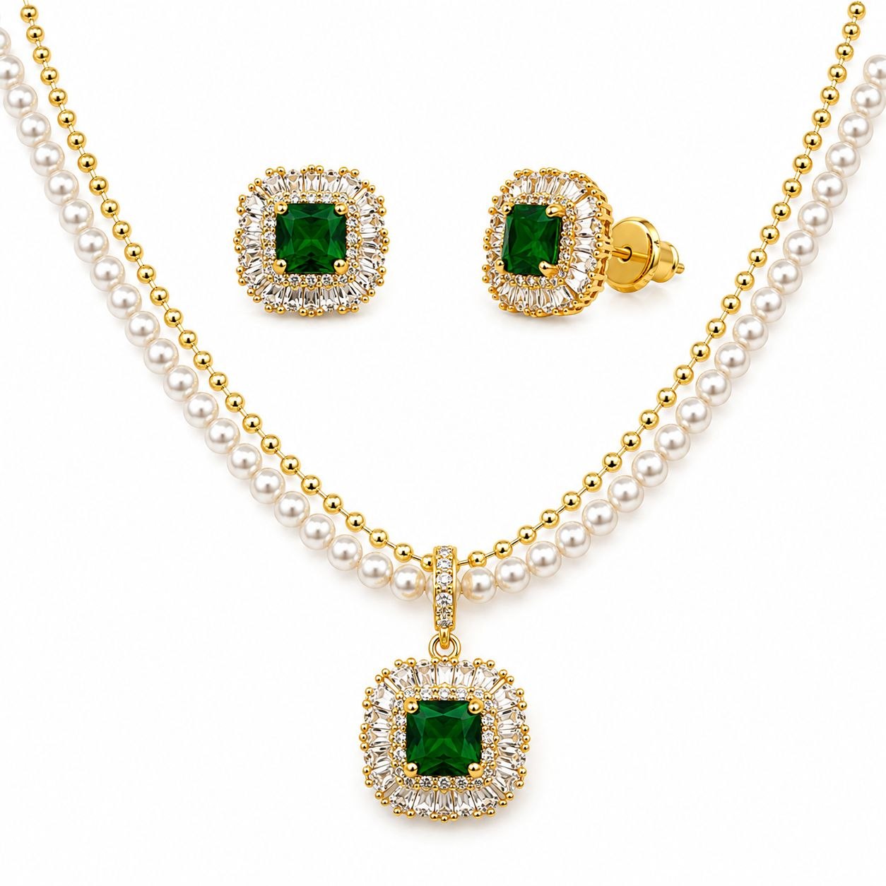SET DE ENCHAPE PARA DAMA CON DISEÑO DE CRISTAL VERDE ESMERALDA CON HALO DOBLE Y CADENA DOBLE CON PERLAS