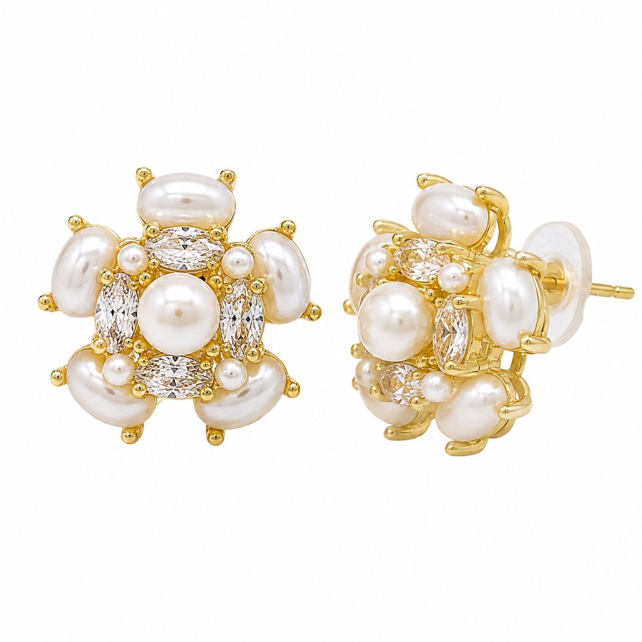 ARITOS DE ENCHAPE PARA DAMA CON DISENO DE FLOR DE PERLAS Y CRISTALES