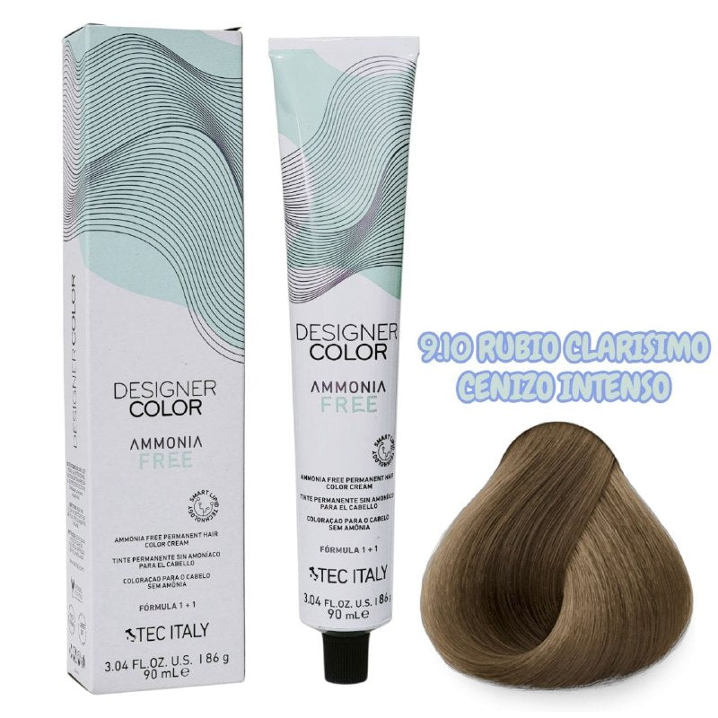 TINTE PERMANENTE CUIDA TU CABELLO Y OFRECE RESULTADOS CON TONOS MÁS NATURALES TONO 9.10 RUBIO CLARISIMO CENIZO INTENSO 1+1 TEC ITALY 90ML