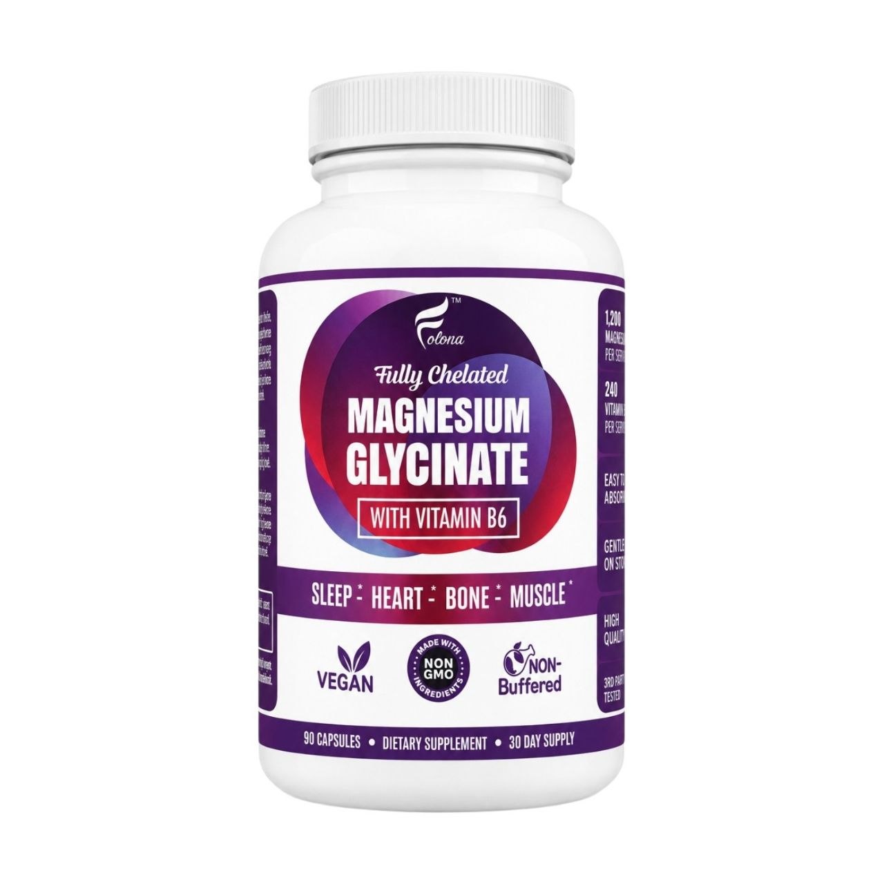 SUPLEMENTO ALIMENTICIO MINERAL GLICINATO DE MAGNESIO PURO CON VITAMINA B6 FOLONA MAGNESIUM GLYCINATE 90 CÁPSULAS