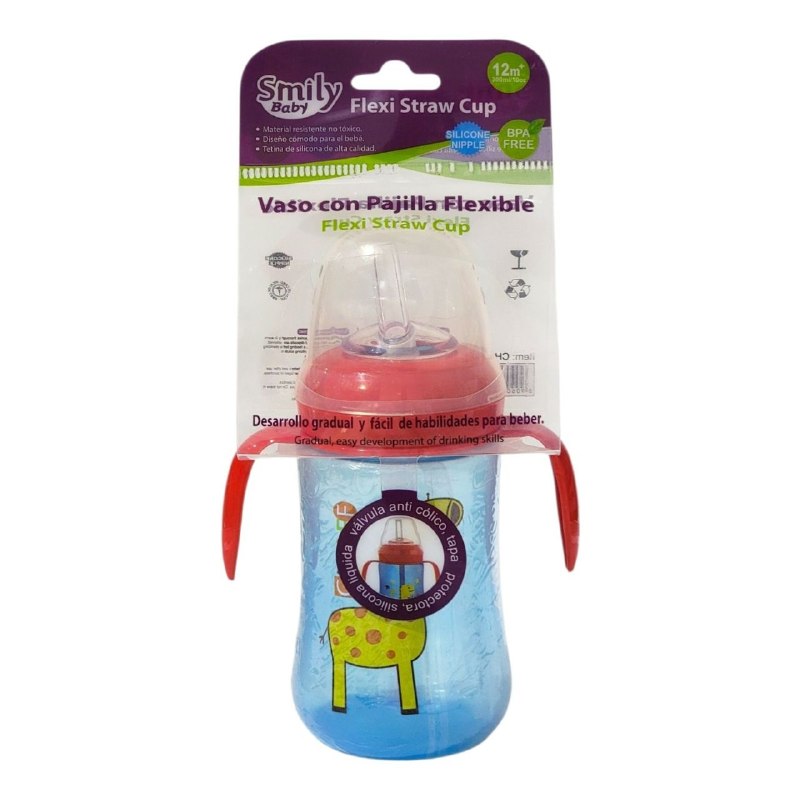 VASO ENTRENADOR ANTIDERRAME CON VALVULA ANTICOLICO PARA BEBES SMILY BABY 250ML