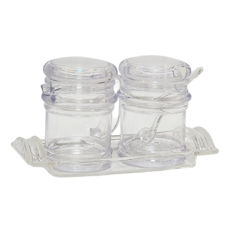 ORGANIZADOR RECIPIENTE ALMACENADOR, TARROS EN SET DE 2UND DE ACRILICO PARA ALMACENAR ESPECIAS, AZUCAR, ECT CON CUCHARAS Y BANDEJA I LIKE FLAVORING JAR
