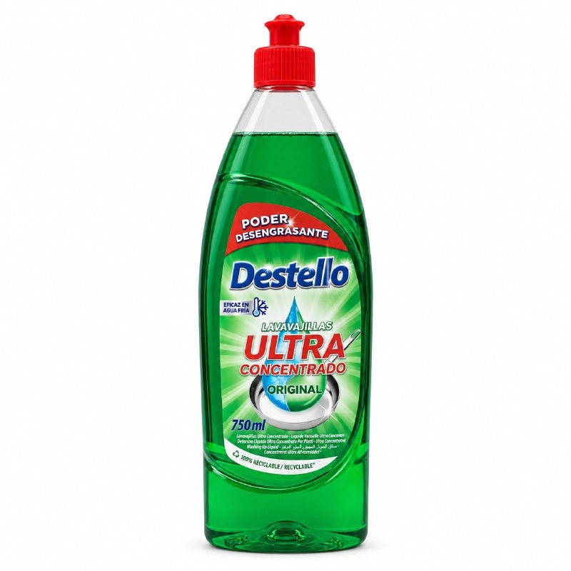 JABON LIQUIDO PARA LAVAR PLATOS ULTRA CONCENTRADO DESENGRASANTE AROMA ORIGINAL DESTELLO 750ML