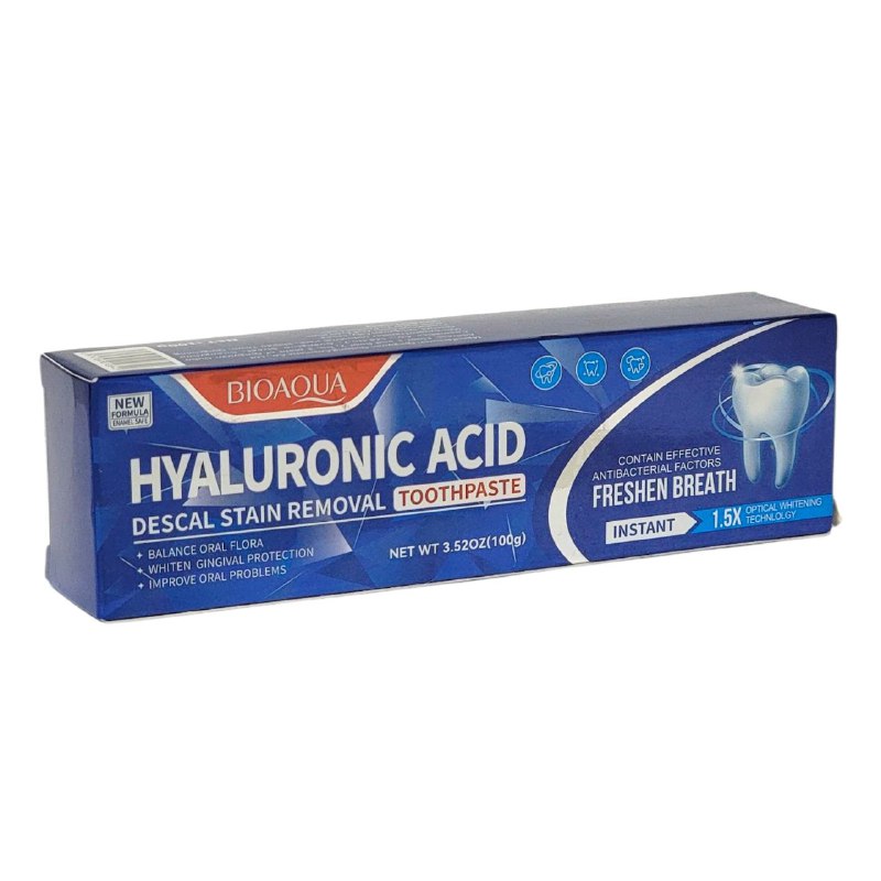 PASTA DE DIENTES, DE ACIDO HIALURONICO, ELIMINA MANCHAS DESCALCIFICADORAS, CREMA SUAVE Y DELICADAS, LIMPIA MANCHAS Y SARRO, FORTALECE LAS ENVIAS BIOAQUA 100G