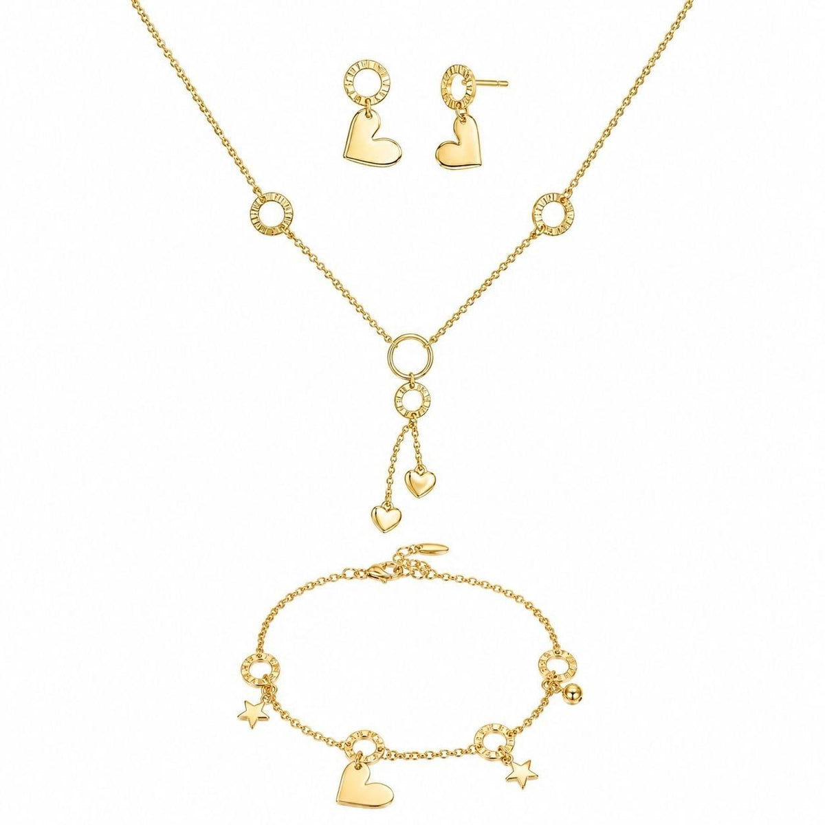 SET COMPLETO DE ENCHAPE PARA DAMA COLLAR ESTILO LARIAT, PULSERA Y ARETES CORAZÓN Y ESTRELLAS