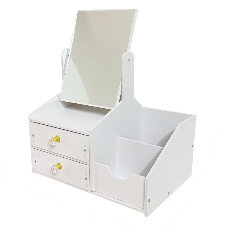 ESTANTE ORGANIZADOR DE COSMETICOS CON ESPEJO Y DOBLE GABETA COLOR BLANCO 34X28X20CM