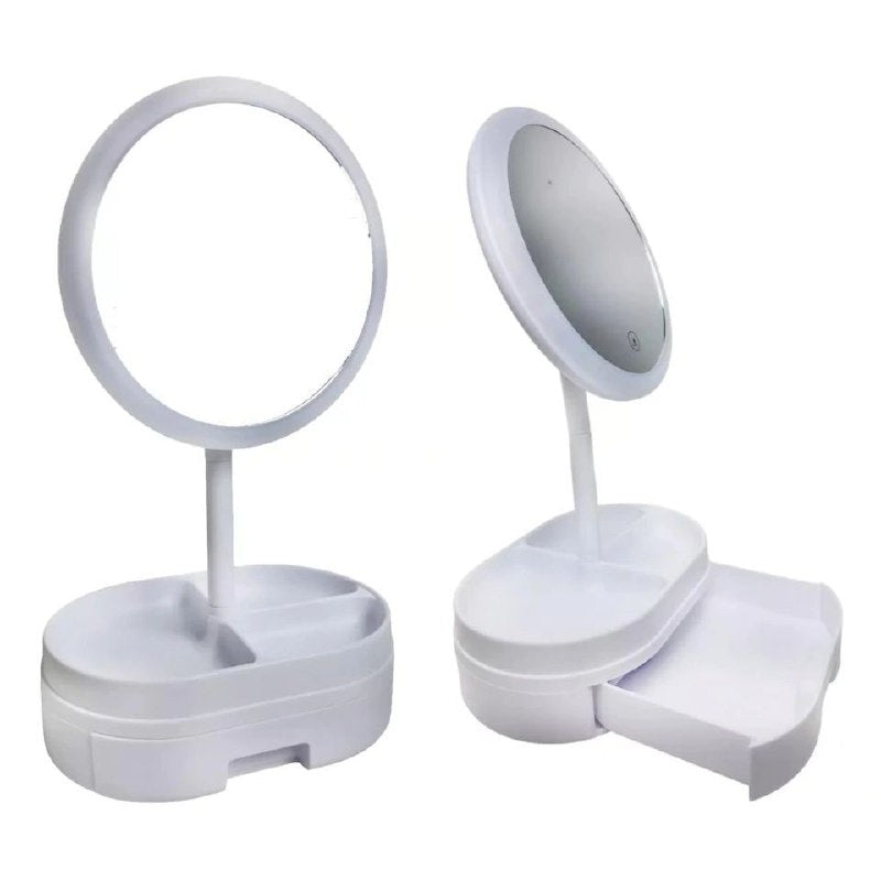 ORGANIZADOR DE MAQUILLAJE CON ESPEJO CON LUZ LED 2 MODOS DE LUZ, ANGULO AJUSTABLE, 2 COLORES LED LIGHTED 21X14X37CM