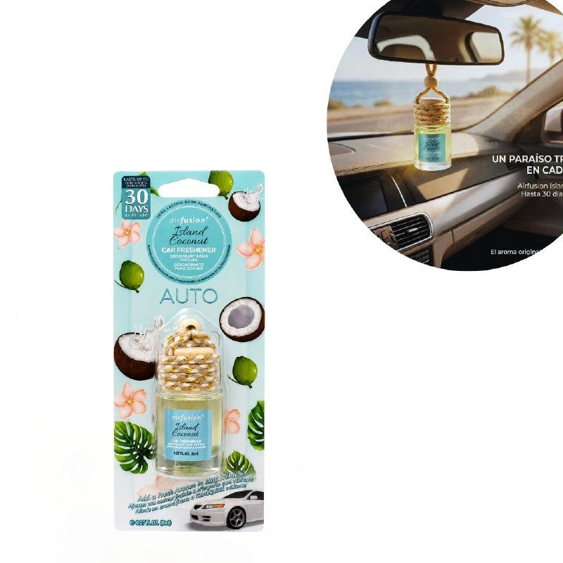 AMBIENTADOR COLGANTE PARA AUTO CON AROMA A COCO DE LA ISLA AIR FUSION 8ML