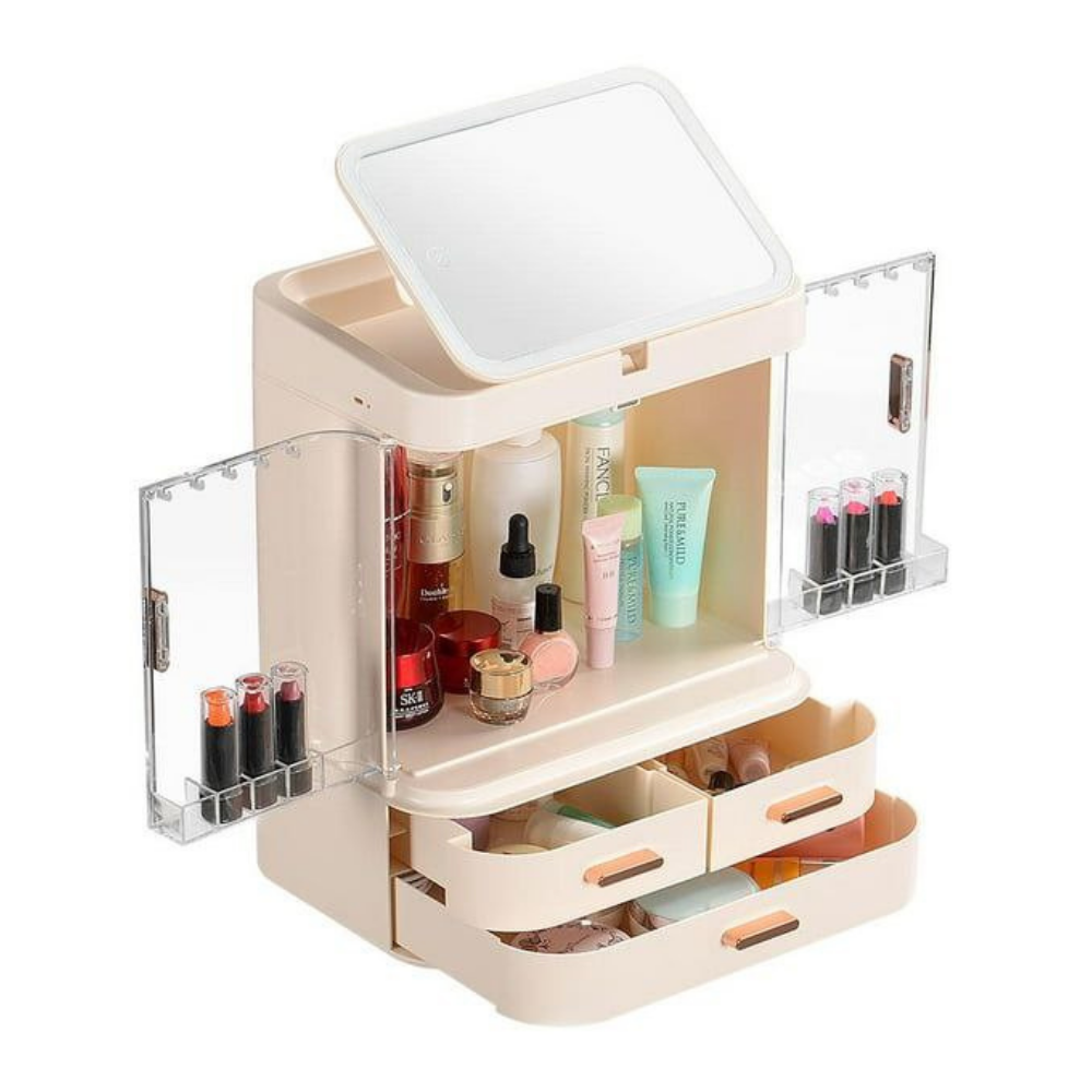 ORGANIZADOR DE MAQUILLAJE CON ESPEJO 360 GRADOS, SIN LUZ LED COLOR BEIGE