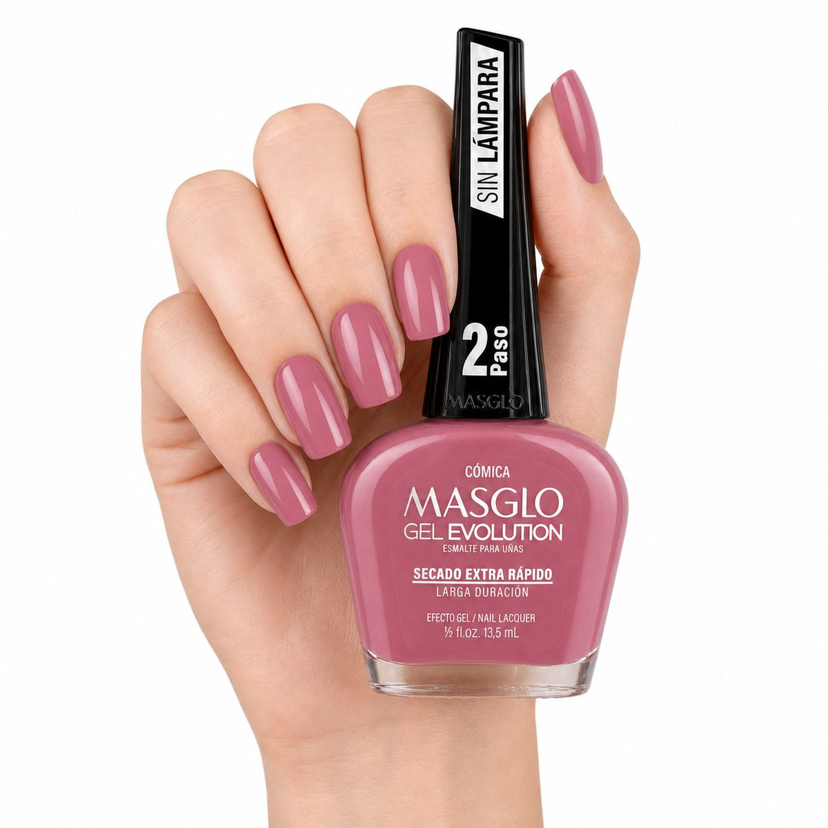 ESMALTE DE UÑAS CON EFECTO GEL DE SECADO EXTRA RÁPIDO Nombre del producto: MASGLO GEL EVOLUTION PASO 2 "ESTILO CÓMICA" 13.5 ML