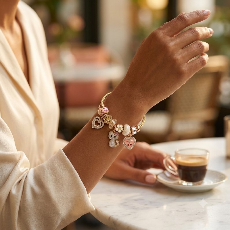 PULSERA DE ENCHAPE PARA DAMA CON DISEÑO DE GATO, CEREZA Y CORAZON